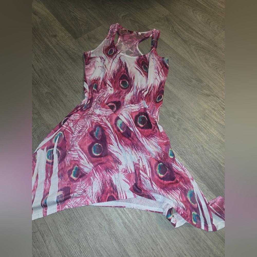 Sleeveless Pink Peacock Feather Print Dress